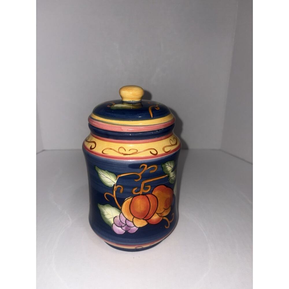 Vintage Hand Painted Ceramic Kitchen Canister With Vibrant Fruit Design